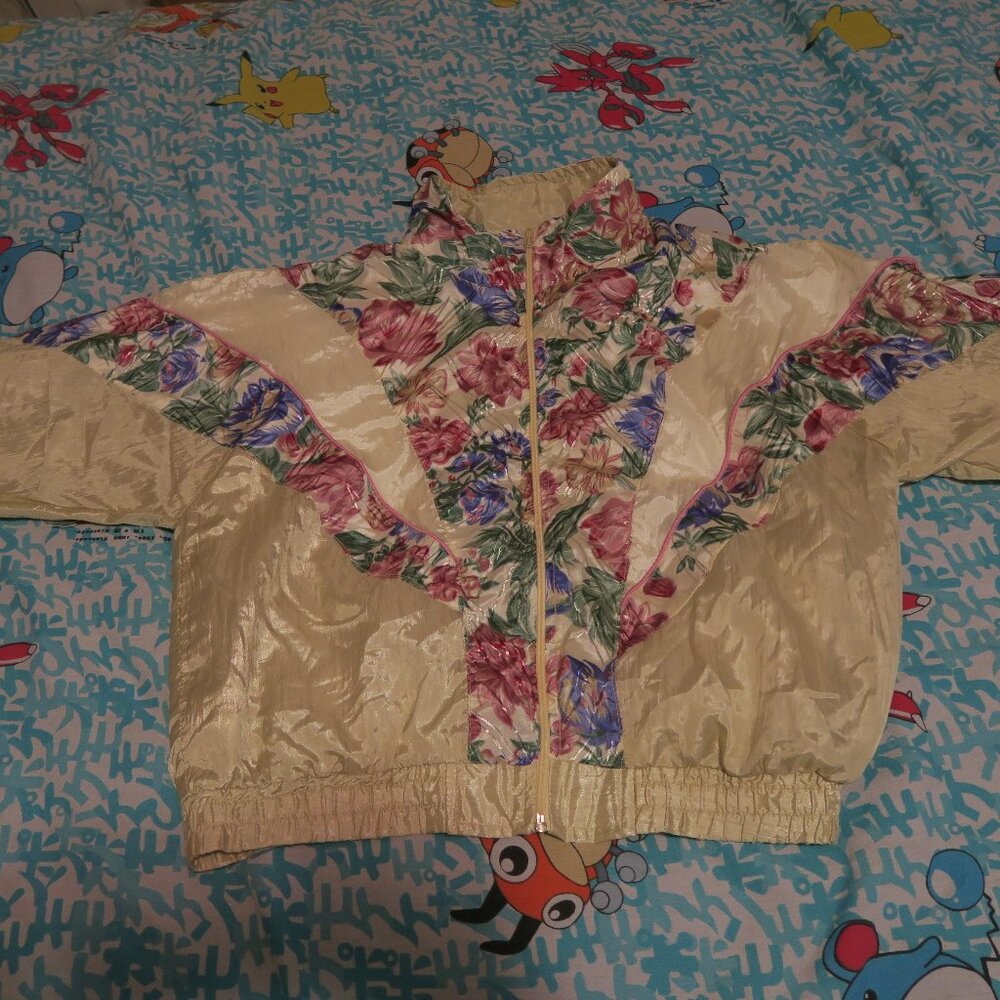 VTG 90s Active Stuff Track Jacket Windbreaker Floral Zip Size Medium Ivory Multi